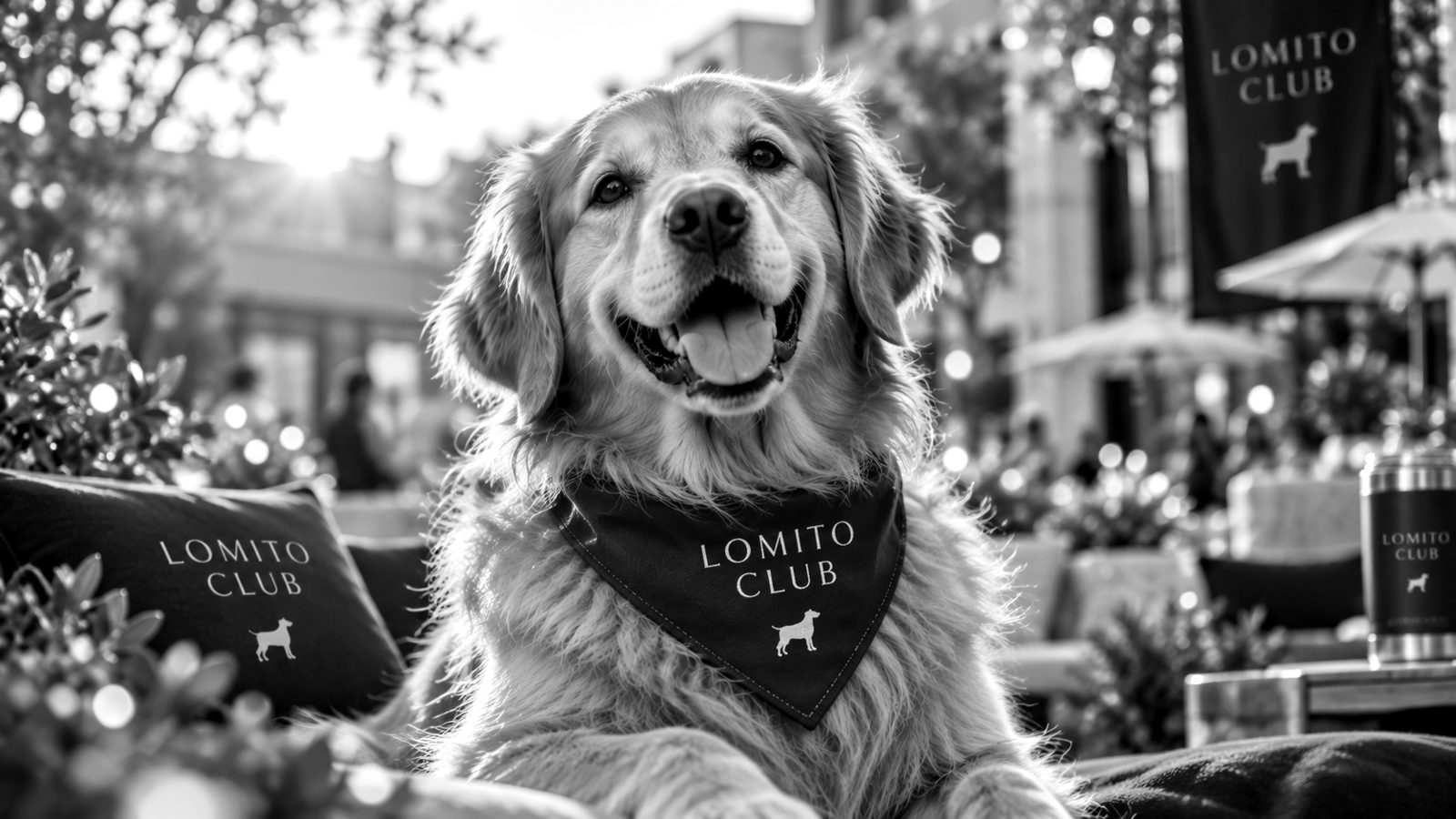 Un golden retriever con paliacate de Lomito Club, sonriendo en el lounge.