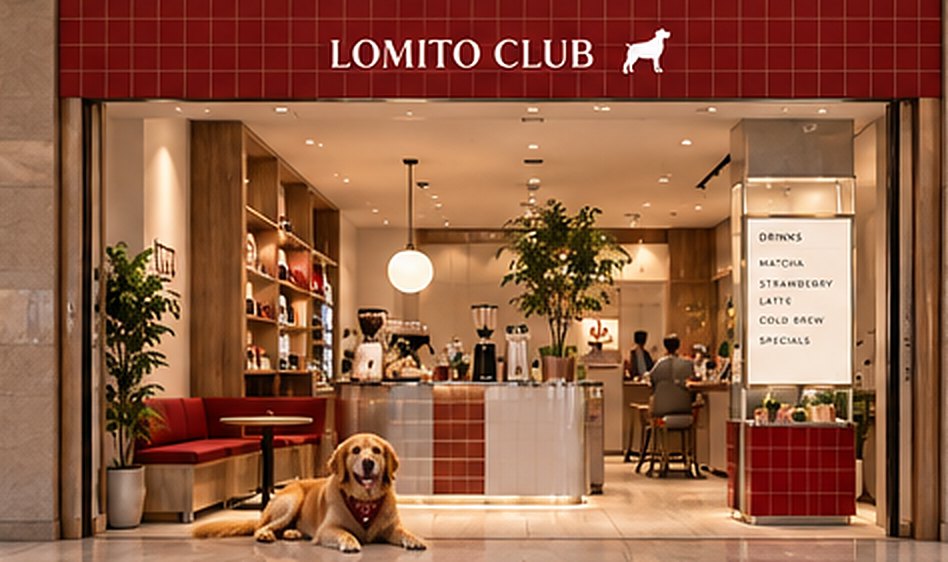 Local Lomito Club con barra, lounge rojo y un golden retriever descansando en la entrada.