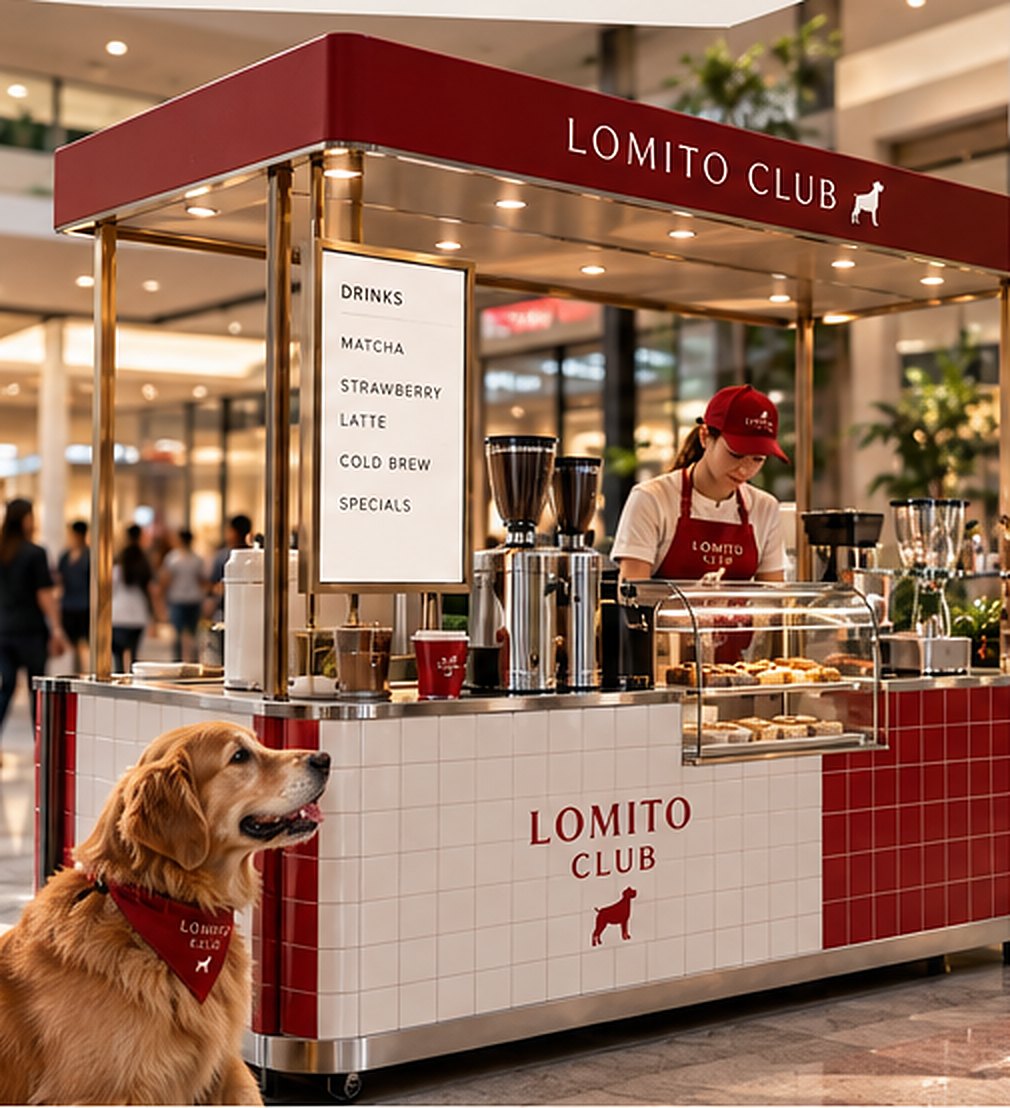 Carrito Lomito Club con barra de azulejo rojo y blanco en un centro comercial, con un golden retriever.