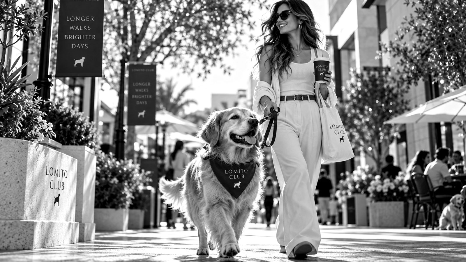 Una mujer pasea a su golden retriever por una calle soleada, con café en la mano.